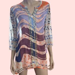 Chicos Sheer Long Tunic Coverup Size Small Sequin Boho Orange Blue